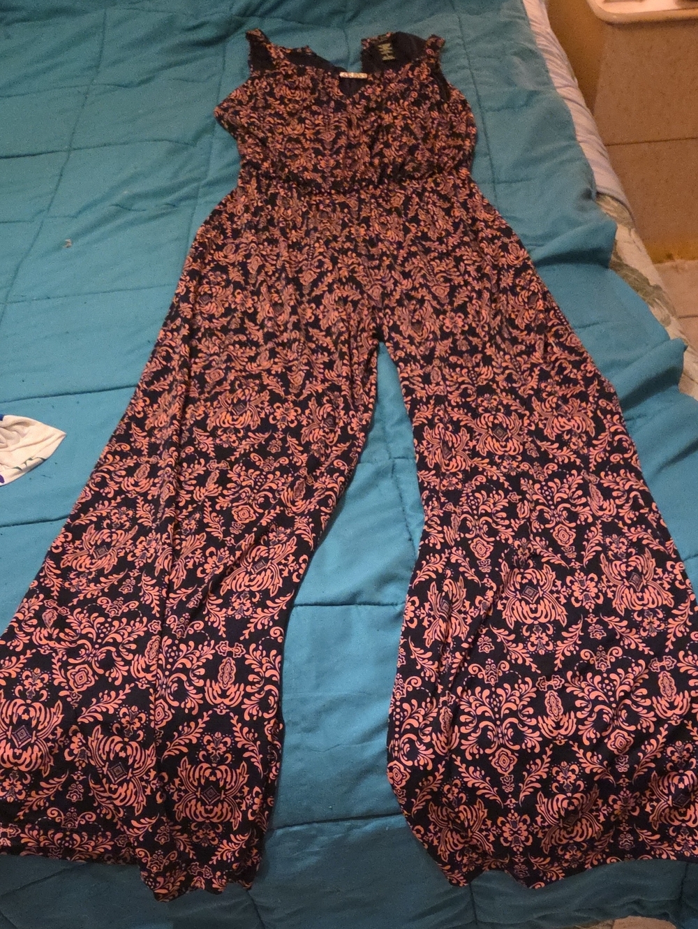 Sleeveless Navy Jumpsuit with Pink Allover Print